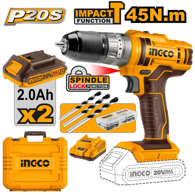 Ingco 20V Cordless Drill Driver – 45 Nm Torque, Brushless Motor 1