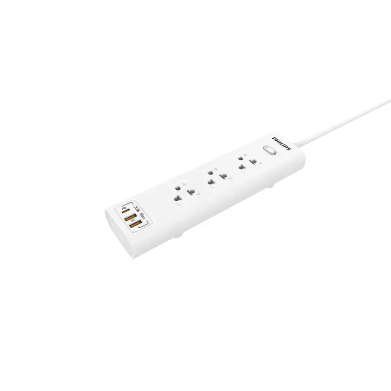 Philips 3-Outlet Ceramic Power Extension – Usb Charging, 10A, 2M 1