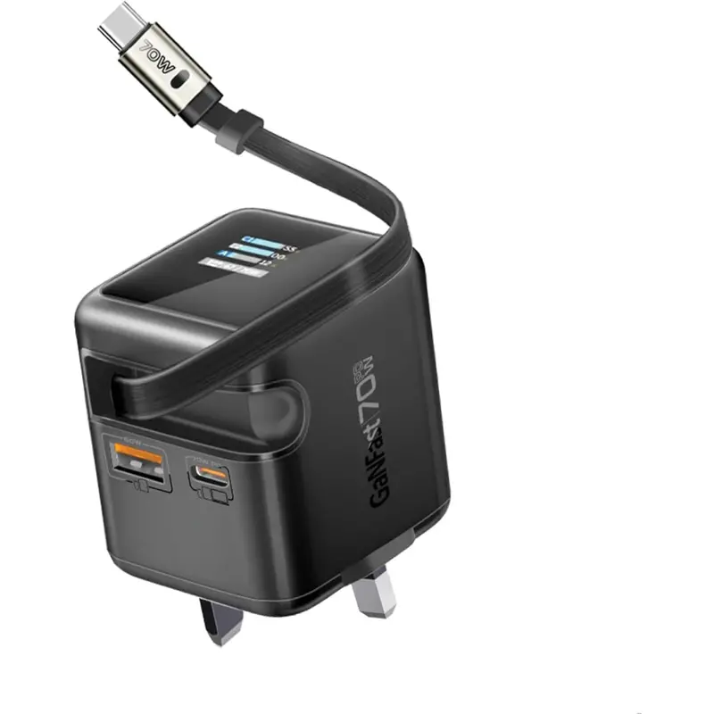 Promate Ganfast 70W Usb-C Wall Charger: Compact Design, Tft Digital Display, And Usb-C Cable Included 1