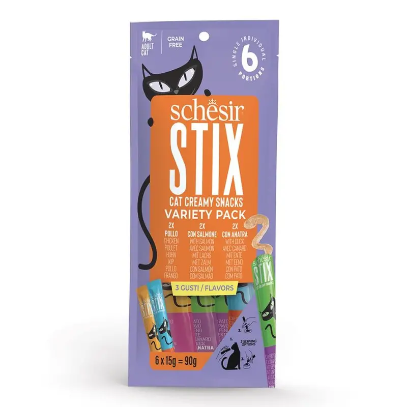 Schesir Stix Wet Cat Food – 12 X 6 X 15G Strips (Tuna, Beef & Salmon – Grain-Free, Bite-Sized) 1