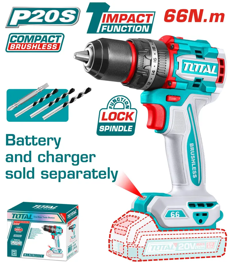 Total 20-Volt Cordless Drill – Brushless Motor, Battery-Powered 1