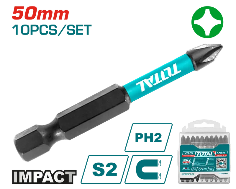 Total Ph2 50Mm Screwdriver Bit Set – 10-Piece, S2 Steel, Includes S2 Hex Adapter 1