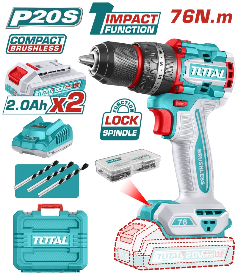 Total Tidli20768 Cordless Drill Driver – 20V, 76Nm Max Torque, Brushless Motor 1