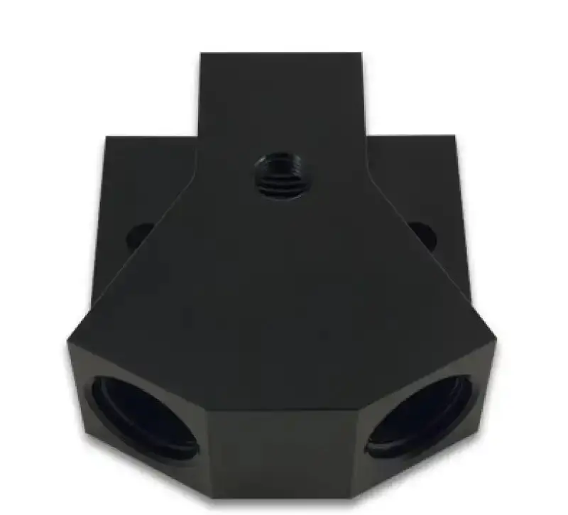 Vibrant Billet Aluminum Y-Block Fitting: -8An Inlet + Dual -8An Orb Outlets With 1/8" Npt Port 1